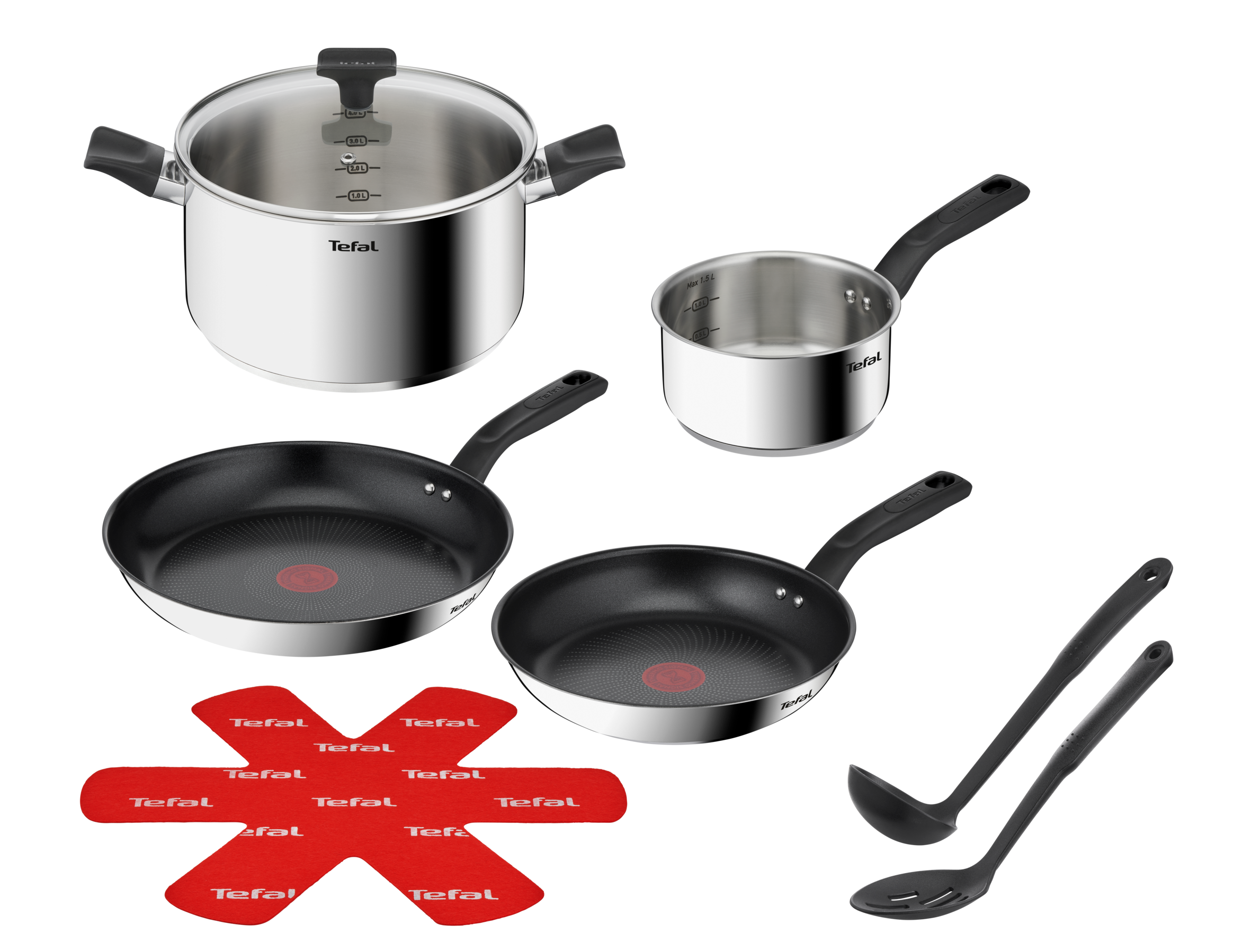Delicious Batterie de cuisine inox 8 pièces Casserole 16 cm, Faitout 24 cm + couvercle, Poêles revêtues 24/28 cm, Louche, Ecumoire, Feutrine protège-poêles