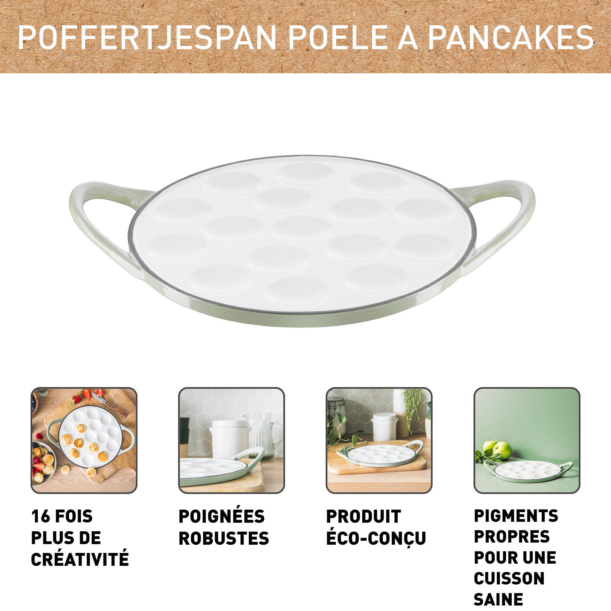 Poffertjespan, Poêle à pancake, 16 empreintes, Poignées robustes