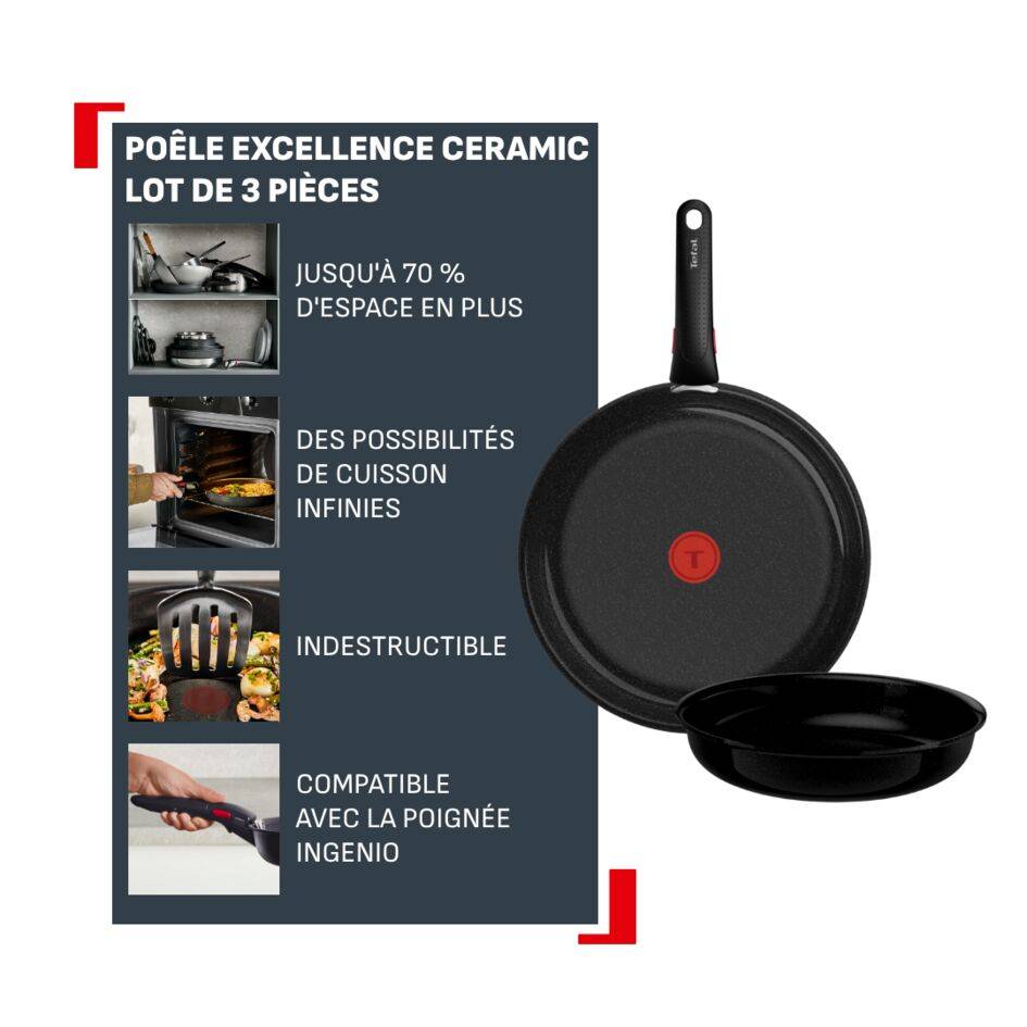 Ingenio Excellence Ceramic, Batterie de cuisine 3&nbsp;pièces, Empilable, Revêtement céramique