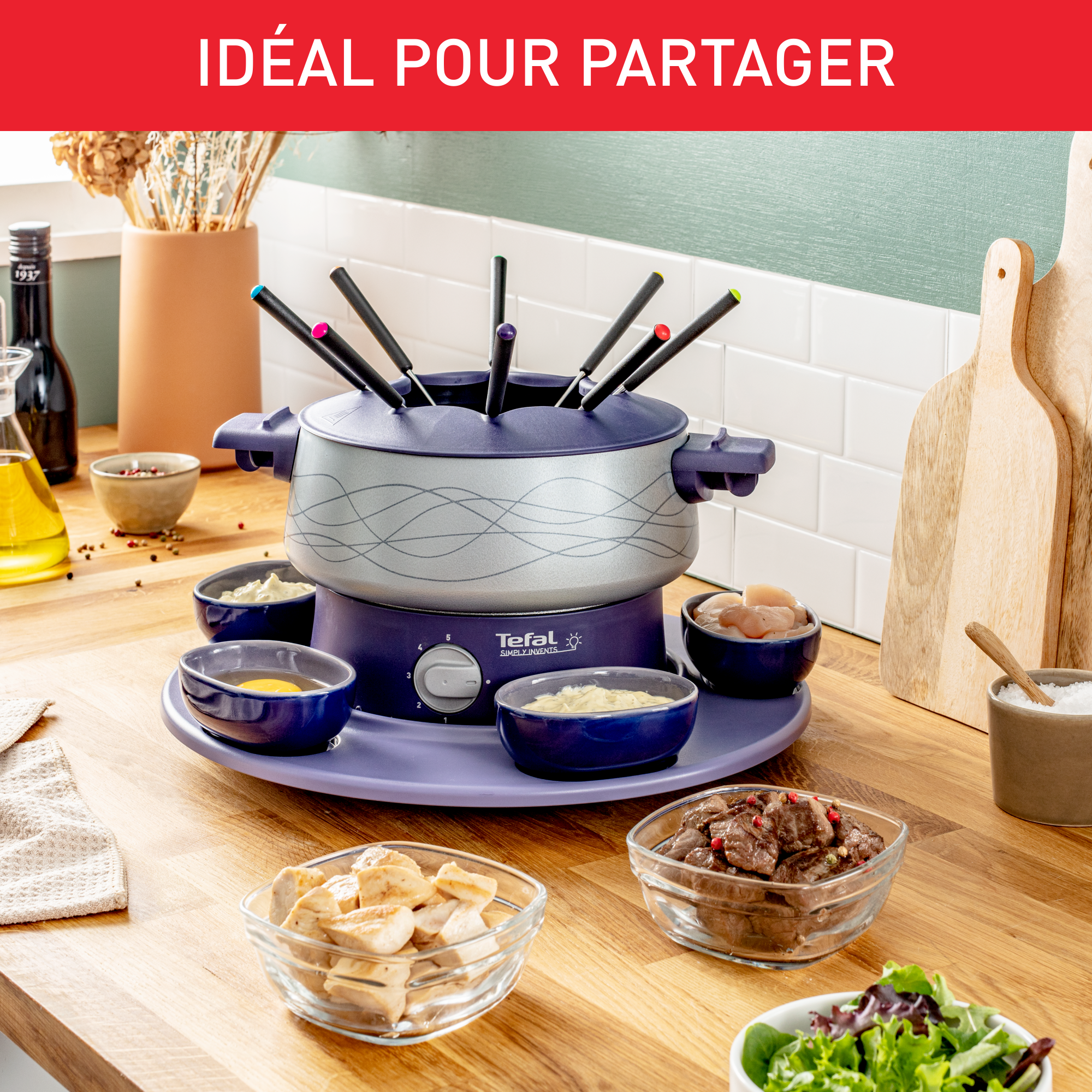 Simply Invent, Appareil à fondue, Antiadhésif, 10 personnes, Plateau rotatif, Ramequins