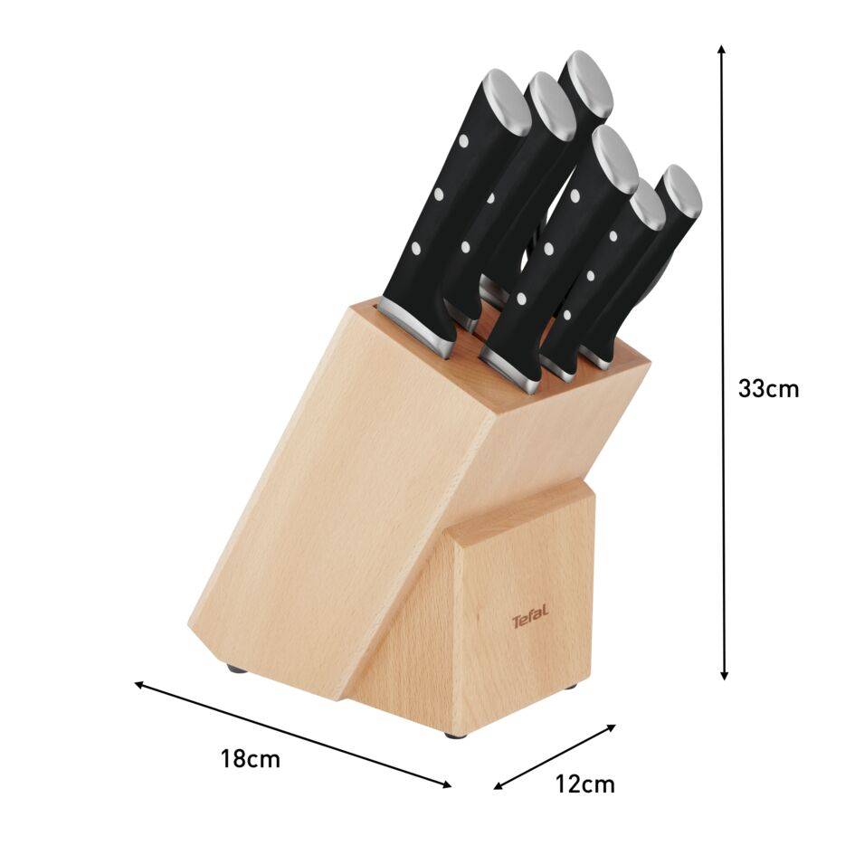 Ice Force set 7 pièces : Bloc couteaux universel en bois FSC + Couteaux : Cuisine 9 cm + Chef 20 cm + Utilité 11 cm + Santoku 18 cm + A trancher 20 cm + A pain 20 cm + Ciseaux de cuisine