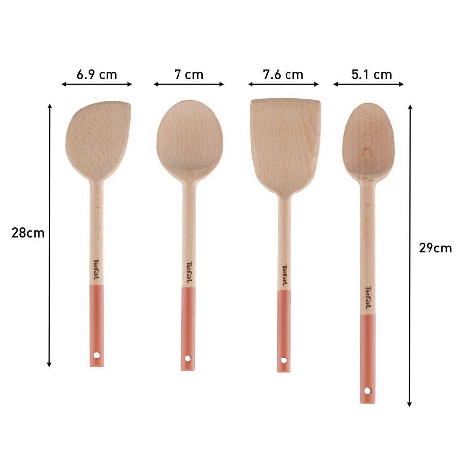 Set Natura en bois - terracotta&nbsp;: grande cuillère 28&nbsp;cm, spatule biseautée 29&nbsp;cm, maryse 28&nbsp;cm, petite cuillère 29&nbsp;cm et porte-ustensiles