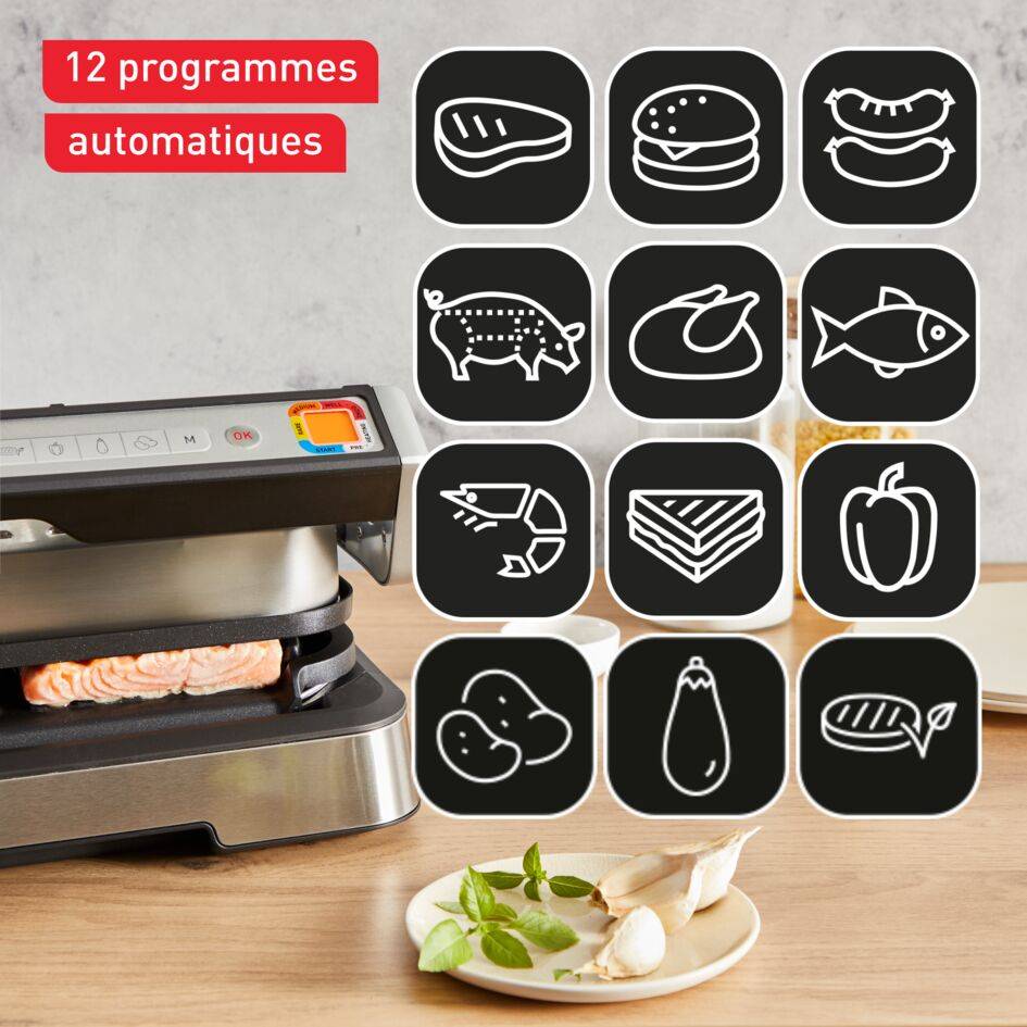 Optigrill 4 en 1 XL, grill intelligent, fonctions bbq, four et repas complet, 12 programmes, mode manuel, ouverture 180°, XL 8 personnes