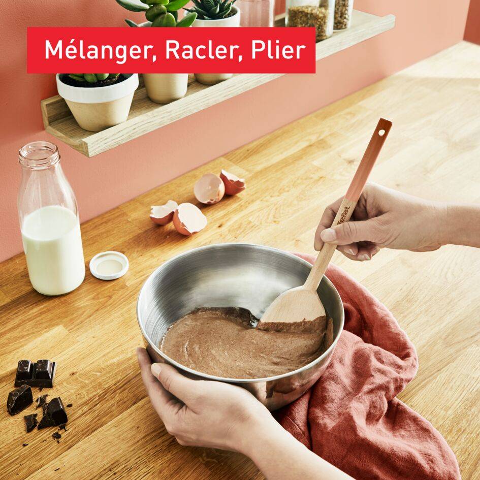 Set Natura en bois - terracotta&nbsp;: grande cuillère 28&nbsp;cm, spatule biseautée 29&nbsp;cm, maryse 28&nbsp;cm, petite cuillère 29&nbsp;cm et porte-ustensiles