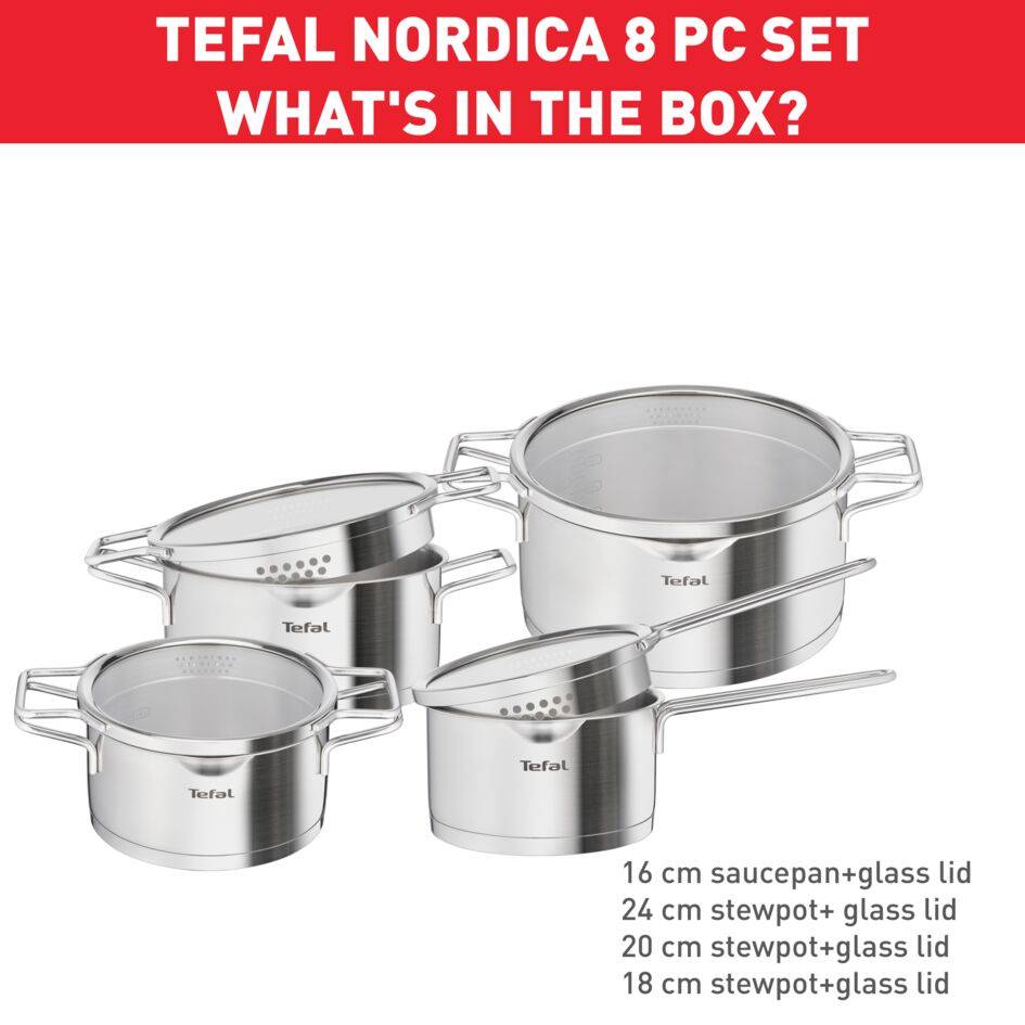 Nordica, Inox, Batterie de cuisine 8 p, Couvercle égouttoir, Induction