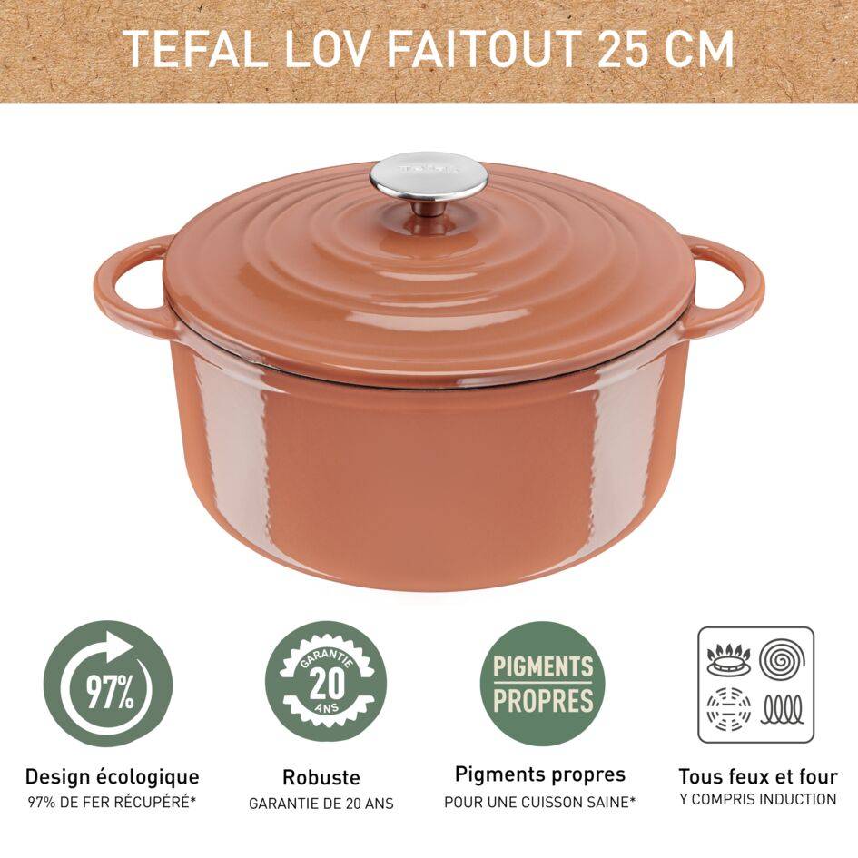 LOV, Cocotte en fonte ronde 25 cm, Induction, Four, Éco-conçue, Terracotta