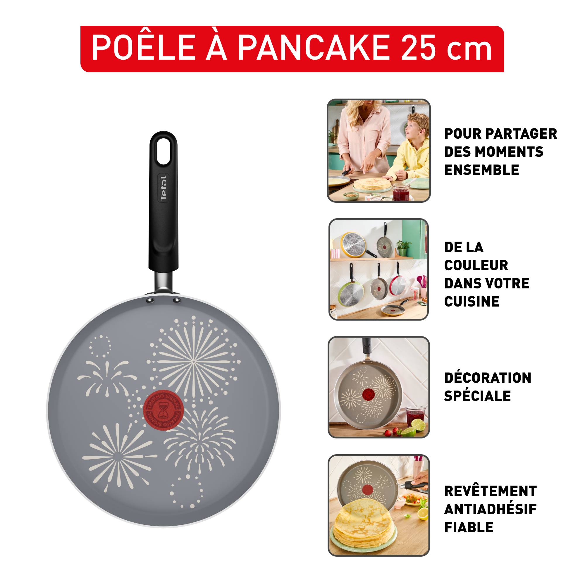 Chandeleur 2026, Poêle à crêpes 25 cm, Revêtement antiadhésif, Rouge cerise