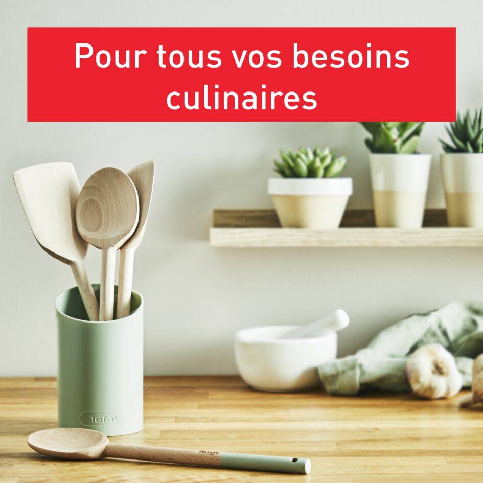 Natura Set d'ustensiles en bois : Cuillère large 28 cm, Spatule 29 cm, Maryse 28 cm, Cuillère 29 cm et pot à ustensiles