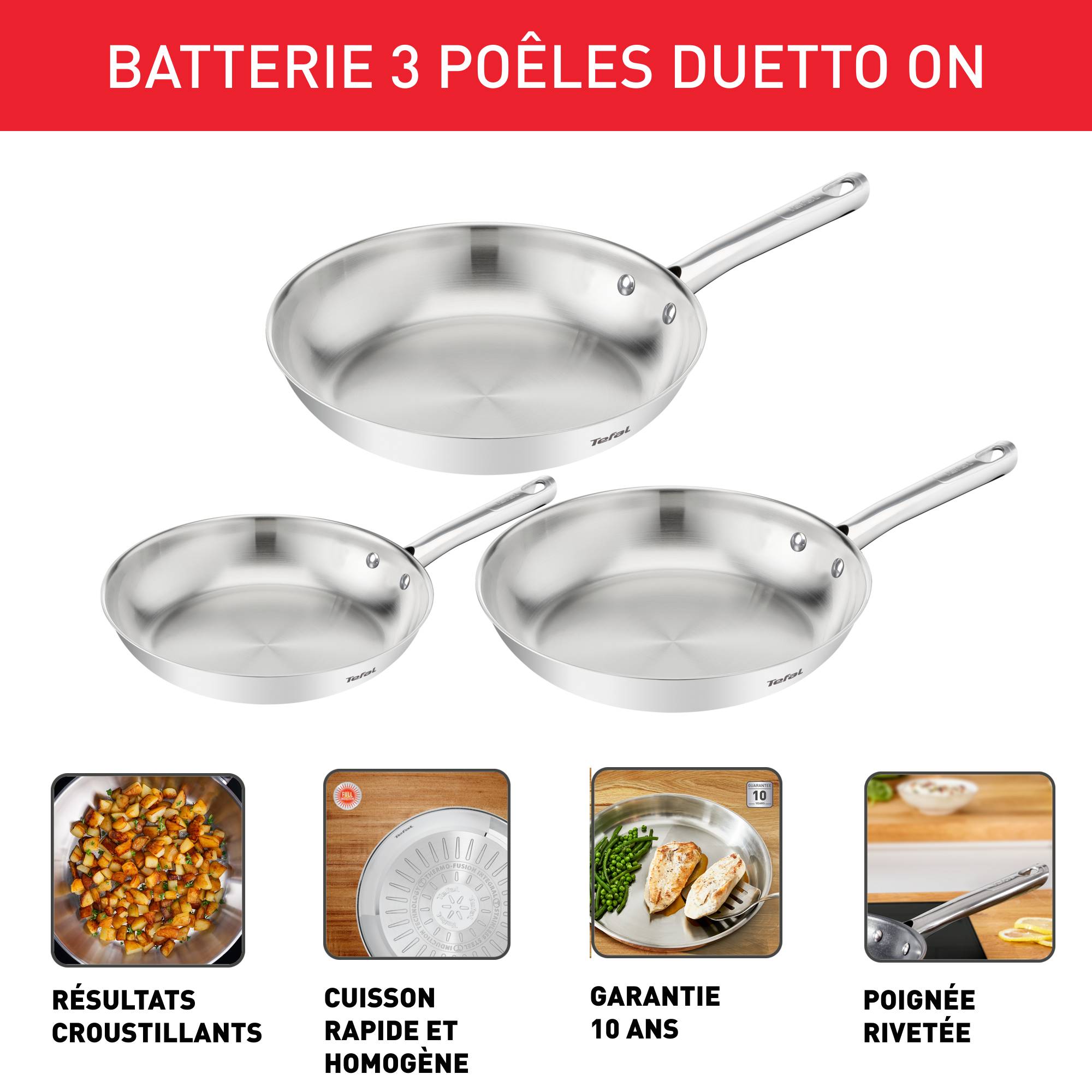 Duetto On, Batterie de 3 poêles 20/24/28 cm, Inox de qualité supérieure, Garantie 10 ans