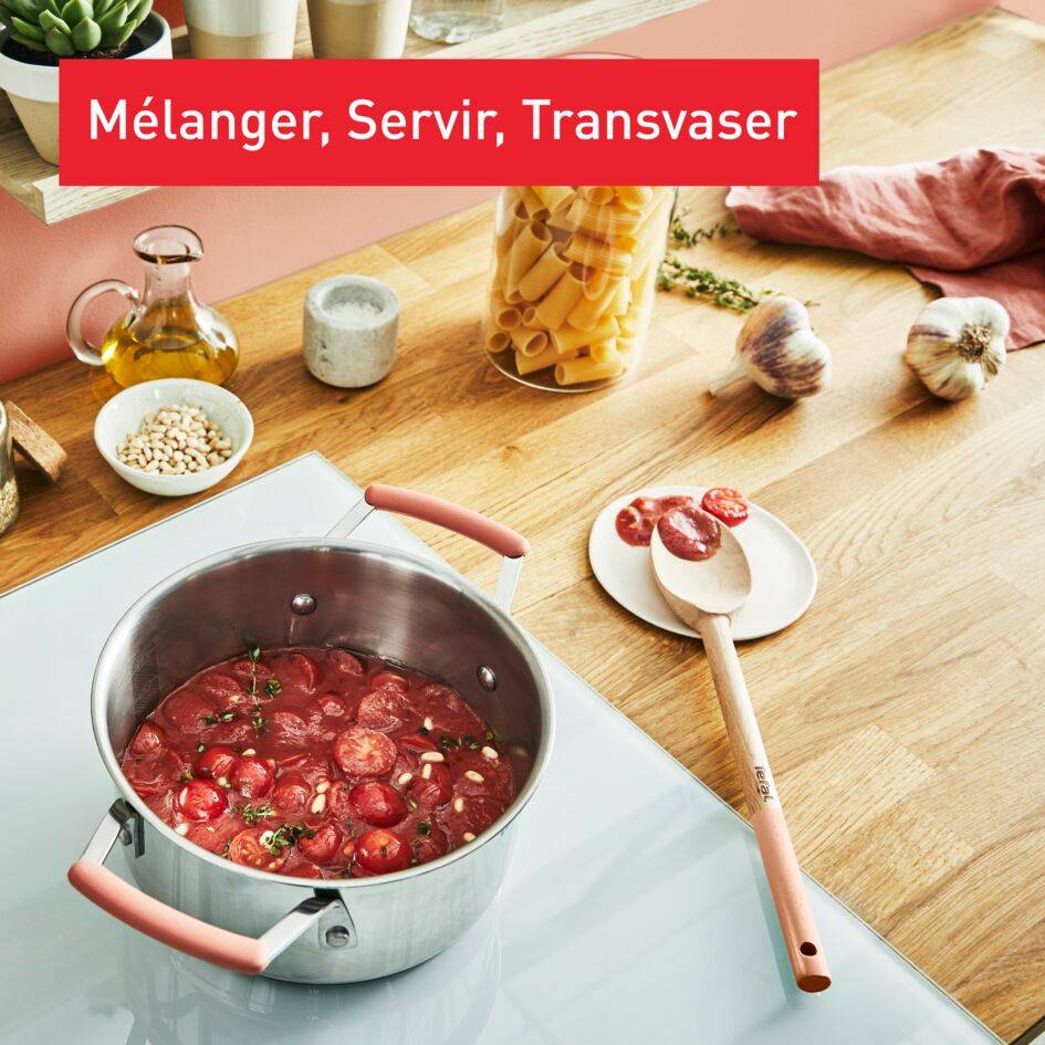 Set Natura en bois - terracotta&nbsp;: grande cuillère 28&nbsp;cm, spatule biseautée 29&nbsp;cm, maryse 28&nbsp;cm, petite cuillère 29&nbsp;cm et porte-ustensiles