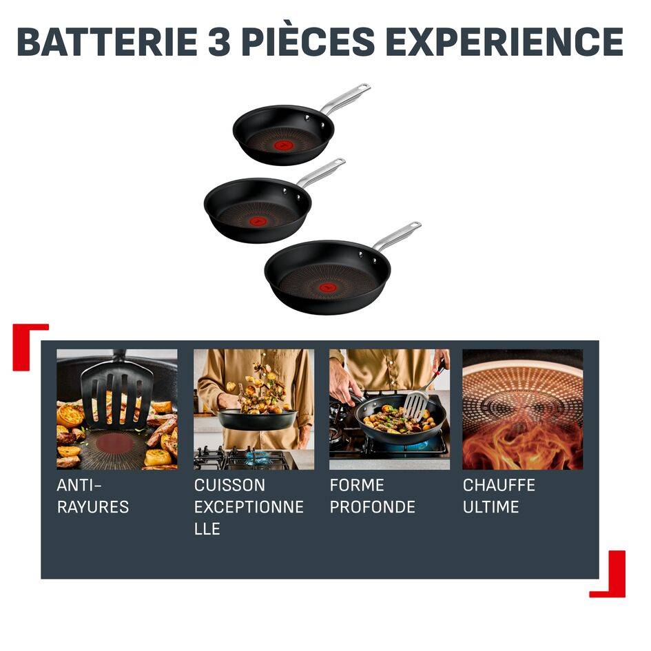 Experience, Batterie de 3&nbsp;poêles 20/24/28&nbsp;cm, Revêtement antiadhésif FusionCore, Induction