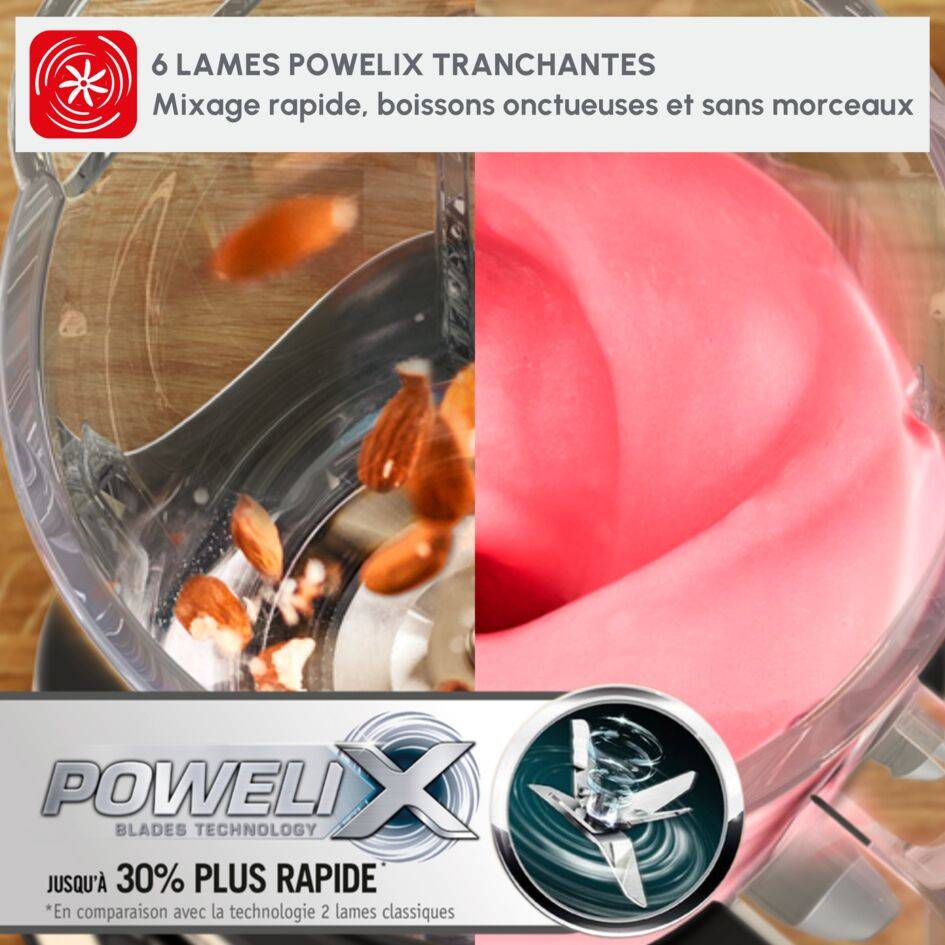 Perfectmix+, Blender, Bol verre 2L, 1200W, 3 programmes, 6 lames Powelix 