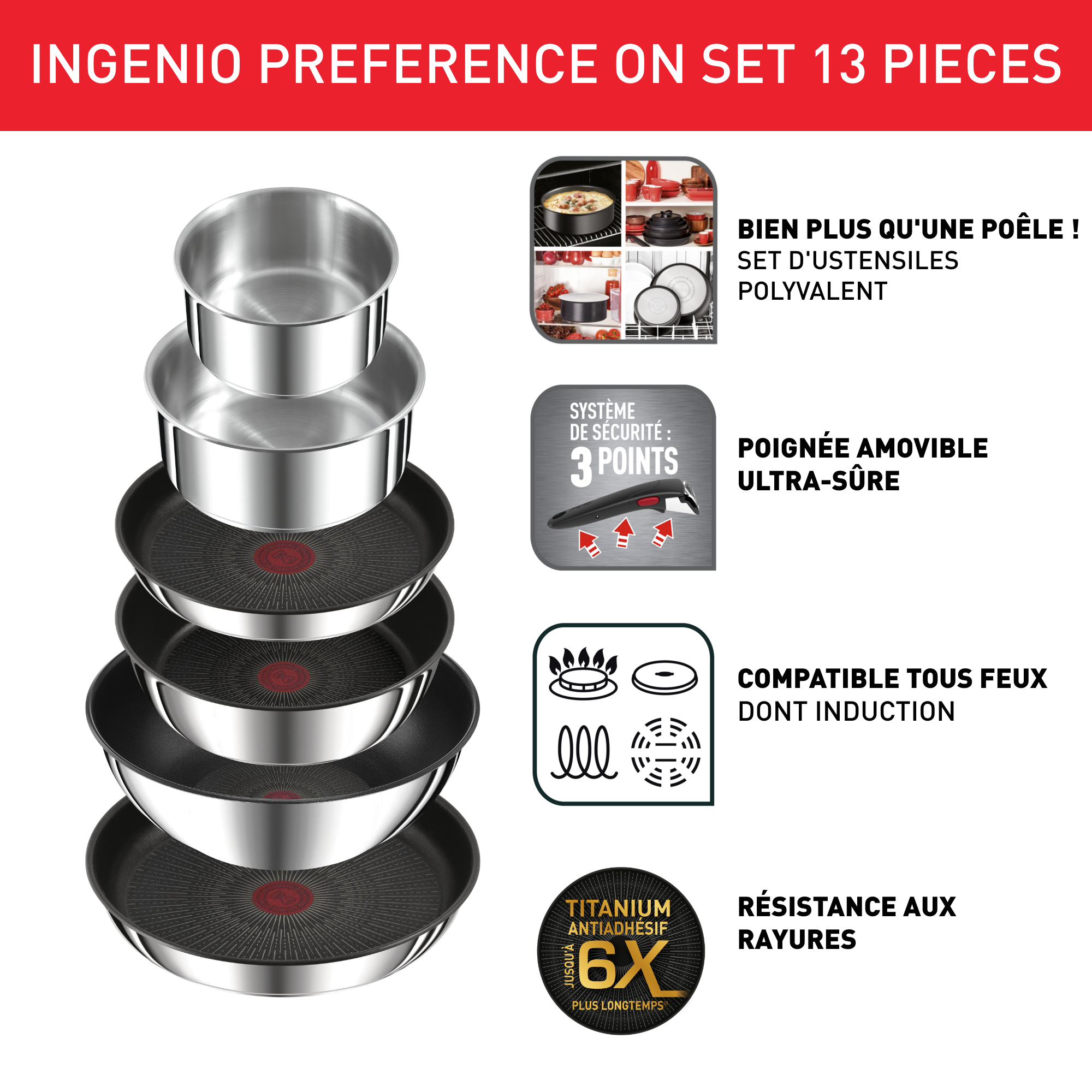 Ingenio Préférence, Inox + antiadhésif, Batterie de cuisine 13 pièces, Induction