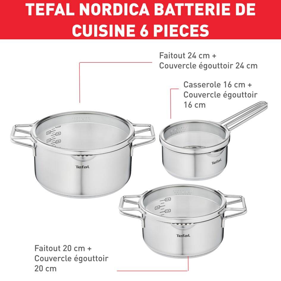 Nordica, Inox, Batterie de cuisine 6 p, Couvercle égouttoir, Induction