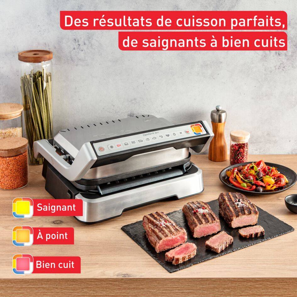 Optigrill 4 en 1 , grill intelligent, fonctions bbq, four et repas complet, 9 programmes, mode manuel, ouverture 180°, 4 personnes