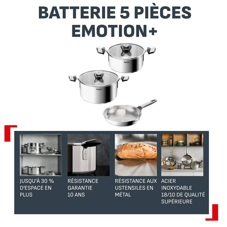 Emotion+, Batterie de cuisine 5 pièces, Acier inoxydable, Garantie de 10 ans, Induction