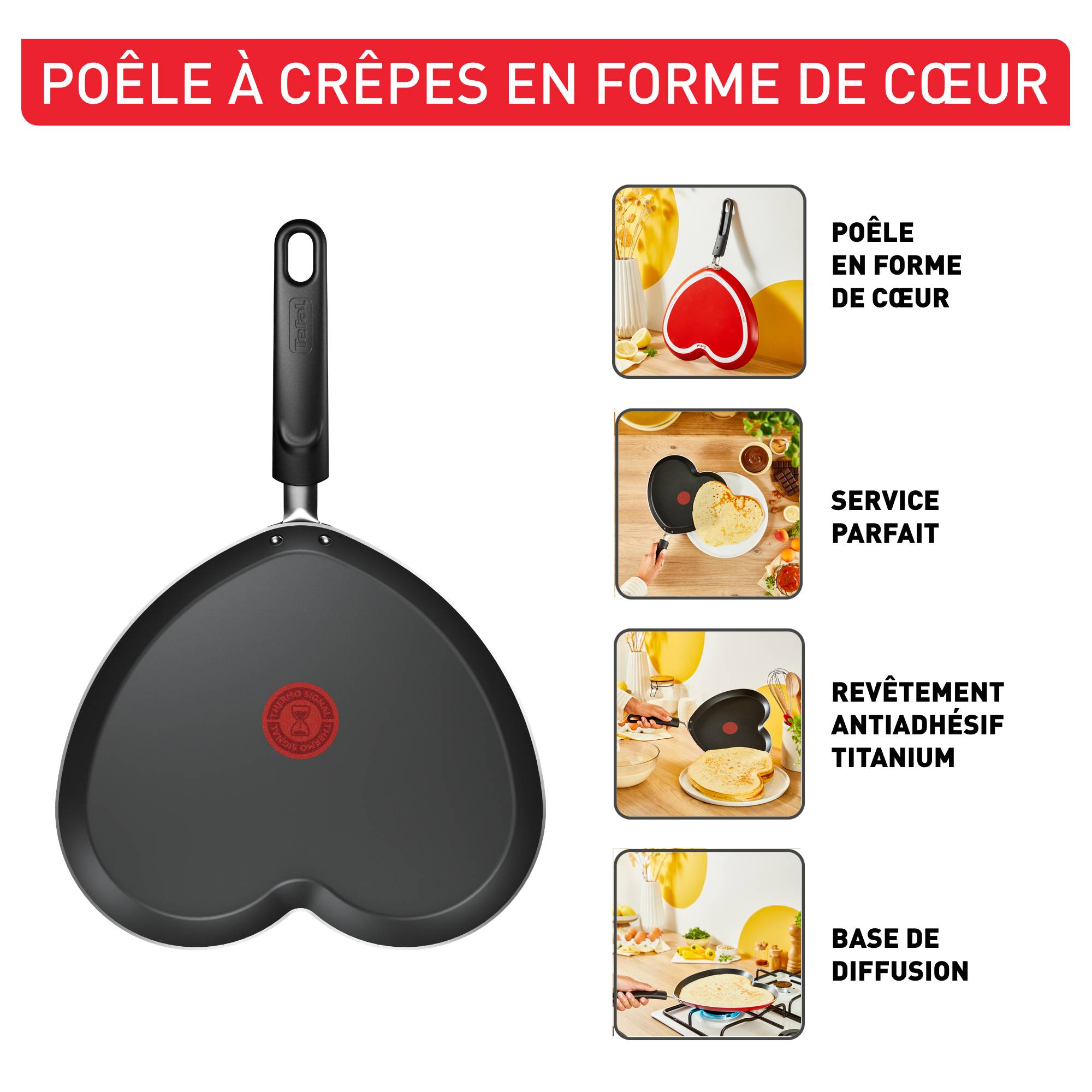 Poêle à crêpes Chandeleur 2025, Forme de cœur, Revêtement antiadhésif pour une glisse exceptionnelle