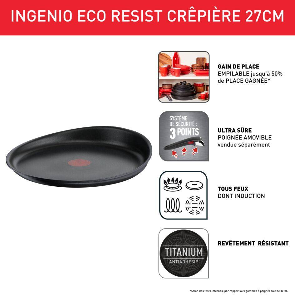 Ingenio Eco Resist, Poêle à crêpes manche amovible, Antiadhésif, Induction, 25cm