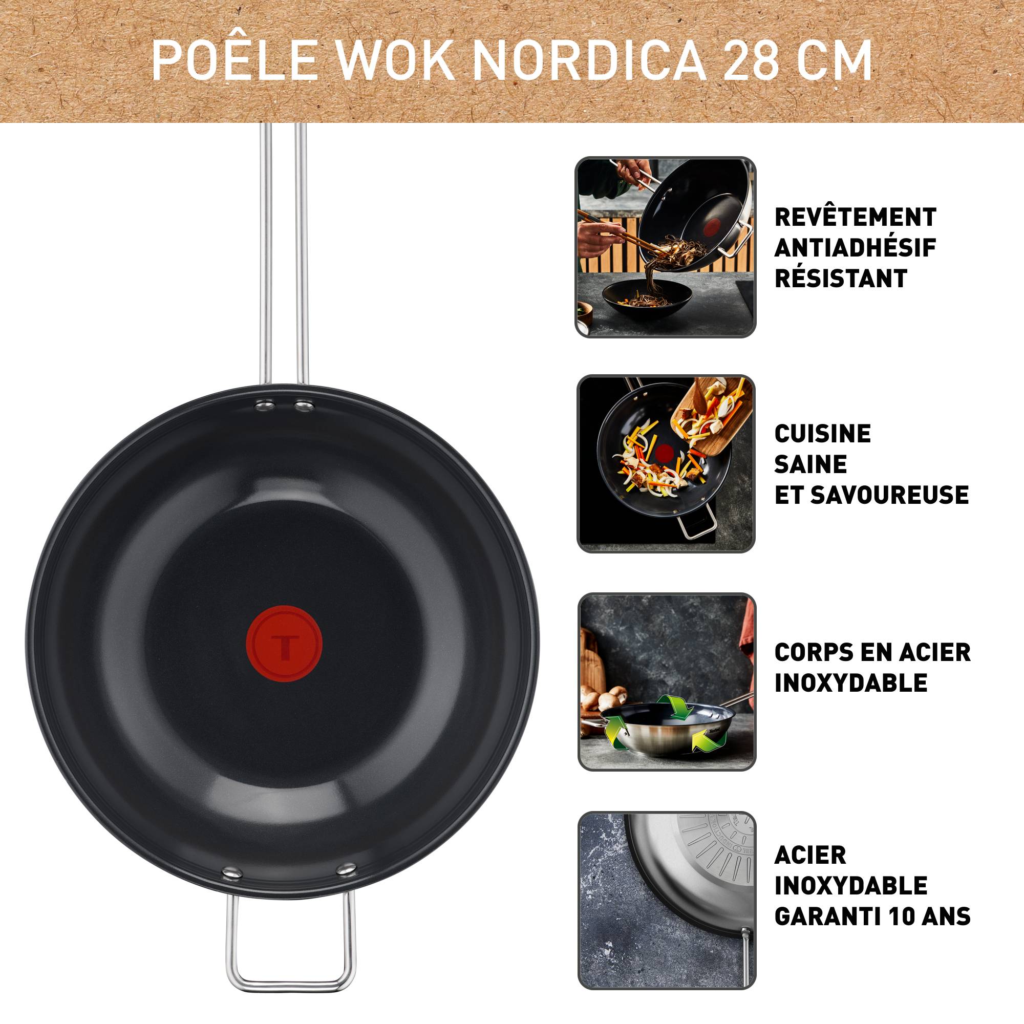 Nordica, Poêle wok en acier inoxydable 28 cm, Revêtement antiadhésif en céramique