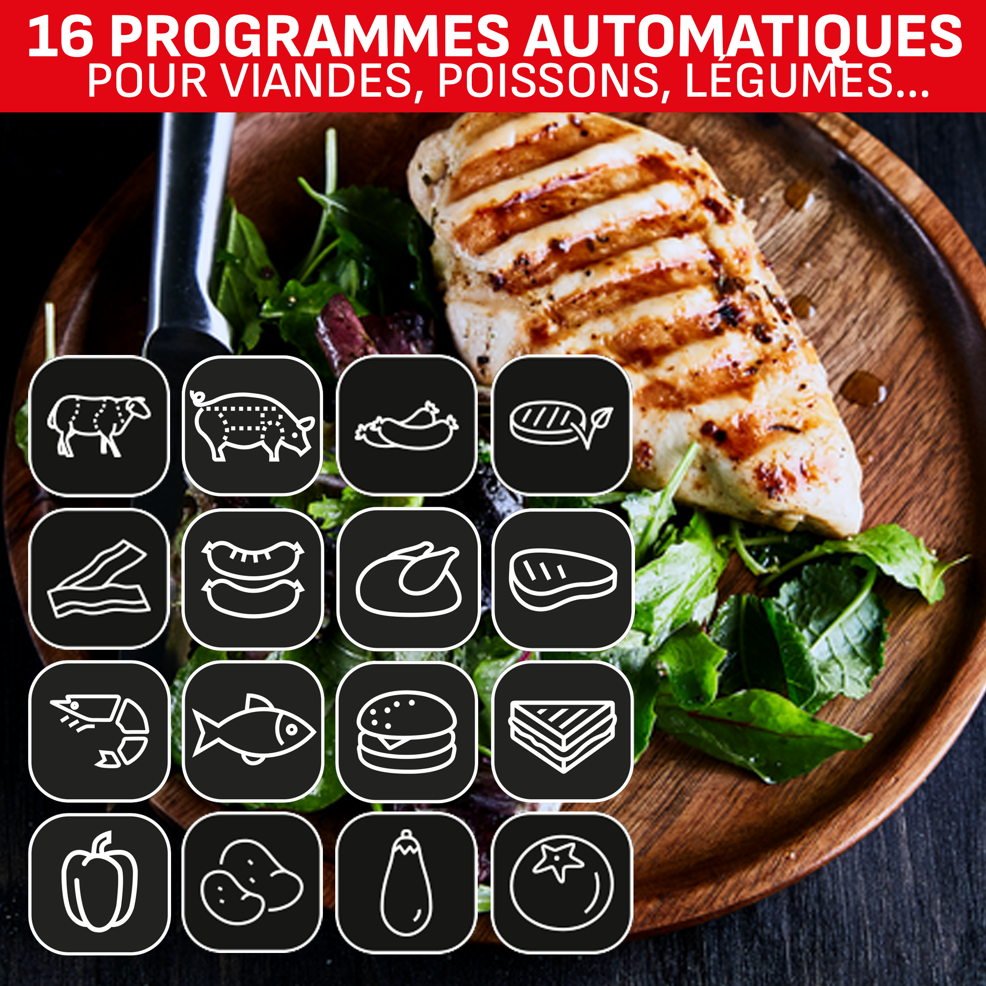 Optigrill Elite XL, grill intelligent, 16 programmes, mode manuel, fonction marquage, XL 8 personnes