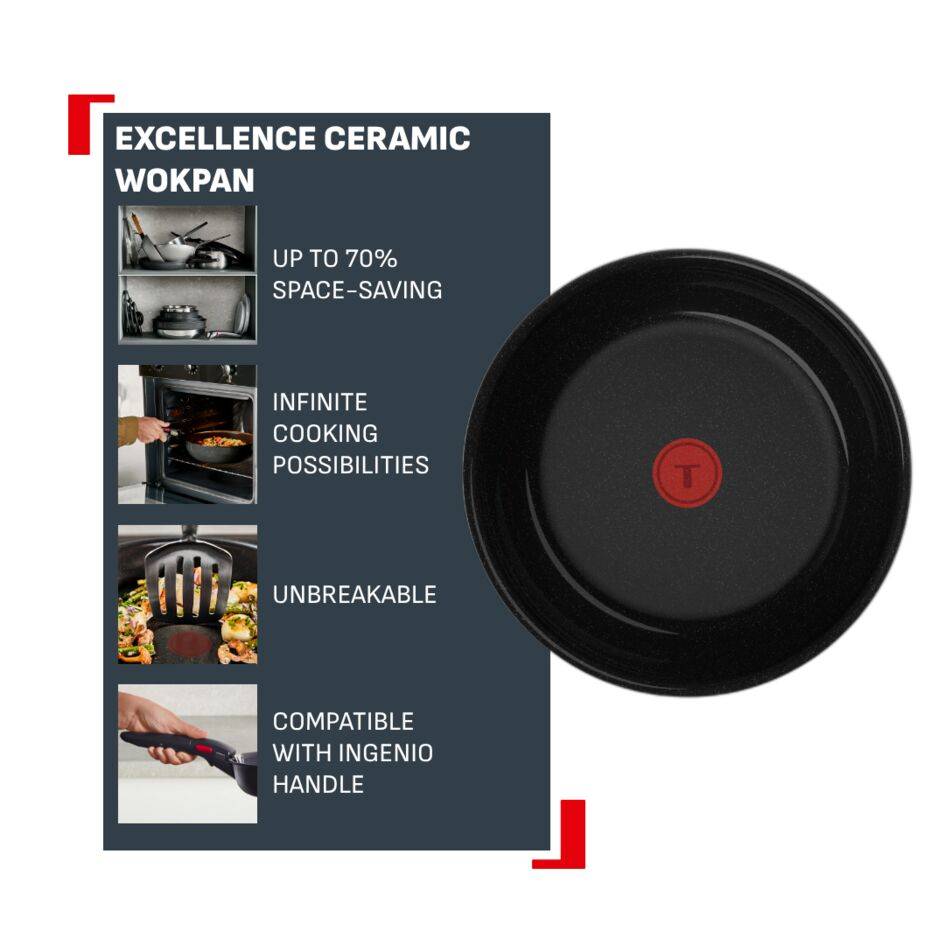 Ingenio Excellence Ceramic, Poêle wok 28&nbsp;cm, Empilable, Revêtement céramique antiadhésif