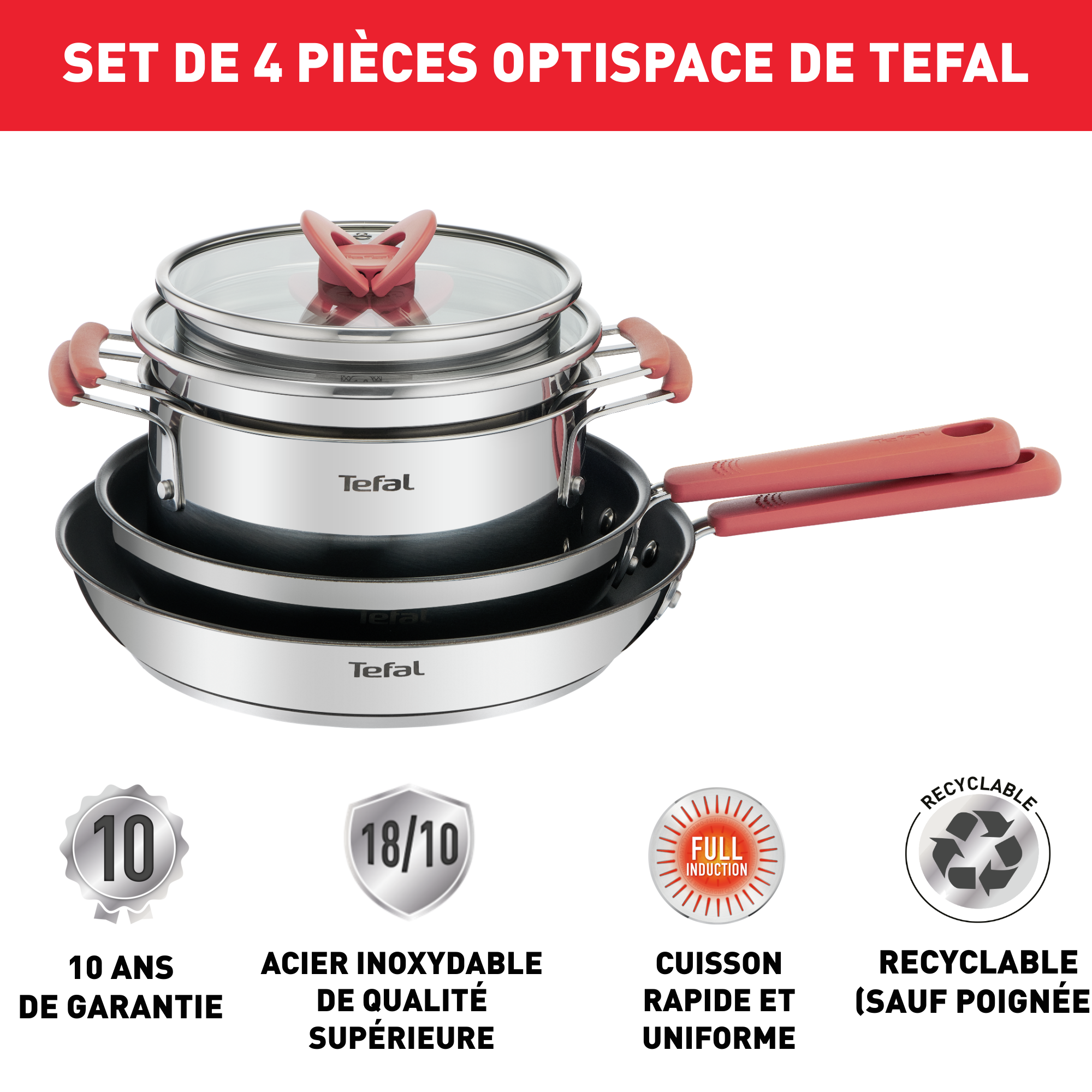 Opti'space set 6 pièces Faitouts inox 18/20cm + Couvercles verre 18/20cm + Poêles antiadhésives 24/28cm