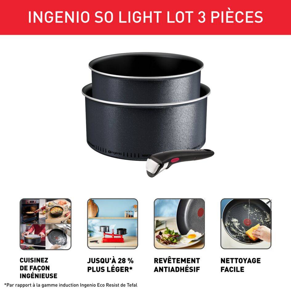 Ingenio So'Light, Casseroles manche amovible + poignée, Antiadhésif, Induction, 18/20cm