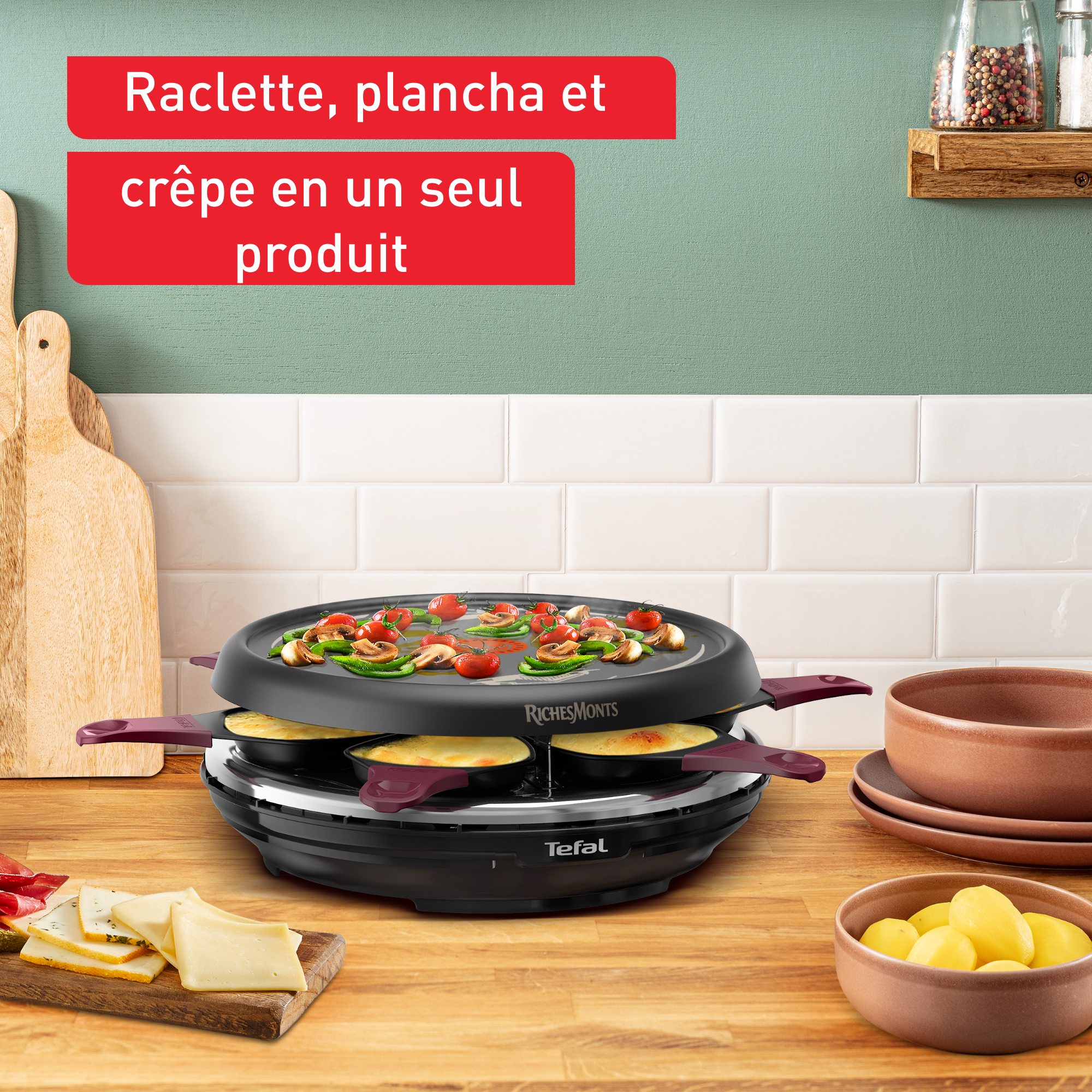 RichesMonts, Appareil à raclette 3-en-1, Raclette, Plancha, Crêpière, Antiadhésif, 6 personnes
