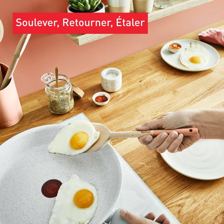 Set Natura en bois - terracotta&nbsp;: grande cuillère 28&nbsp;cm, spatule biseautée 29&nbsp;cm, maryse 28&nbsp;cm, petite cuillère 29&nbsp;cm et porte-ustensiles