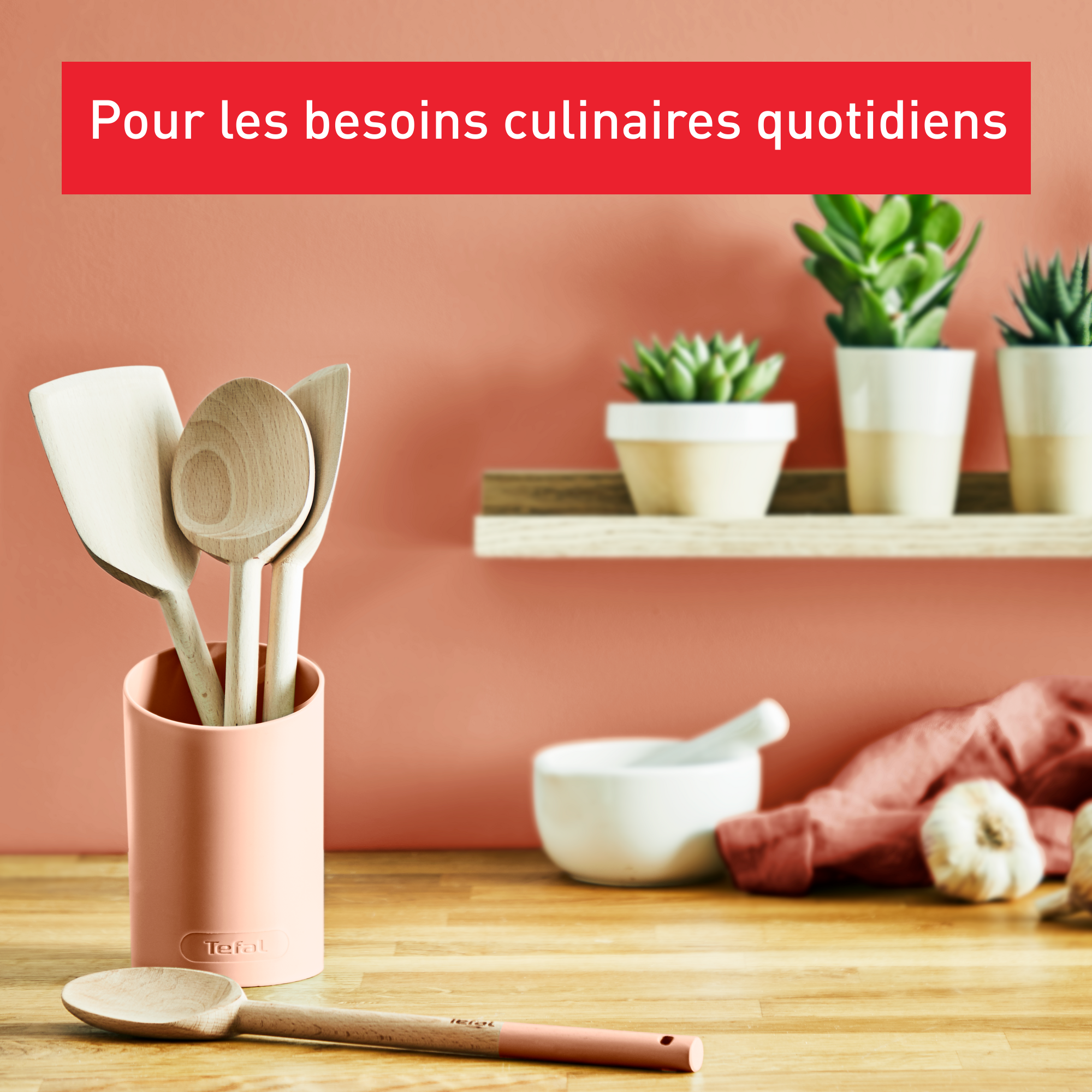 Set Natura en bois - terracotta : grande cuillère 28 cm, spatule biseautée 29 cm, maryse 28 cm, petite cuillère 29 cm et porte-ustensiles