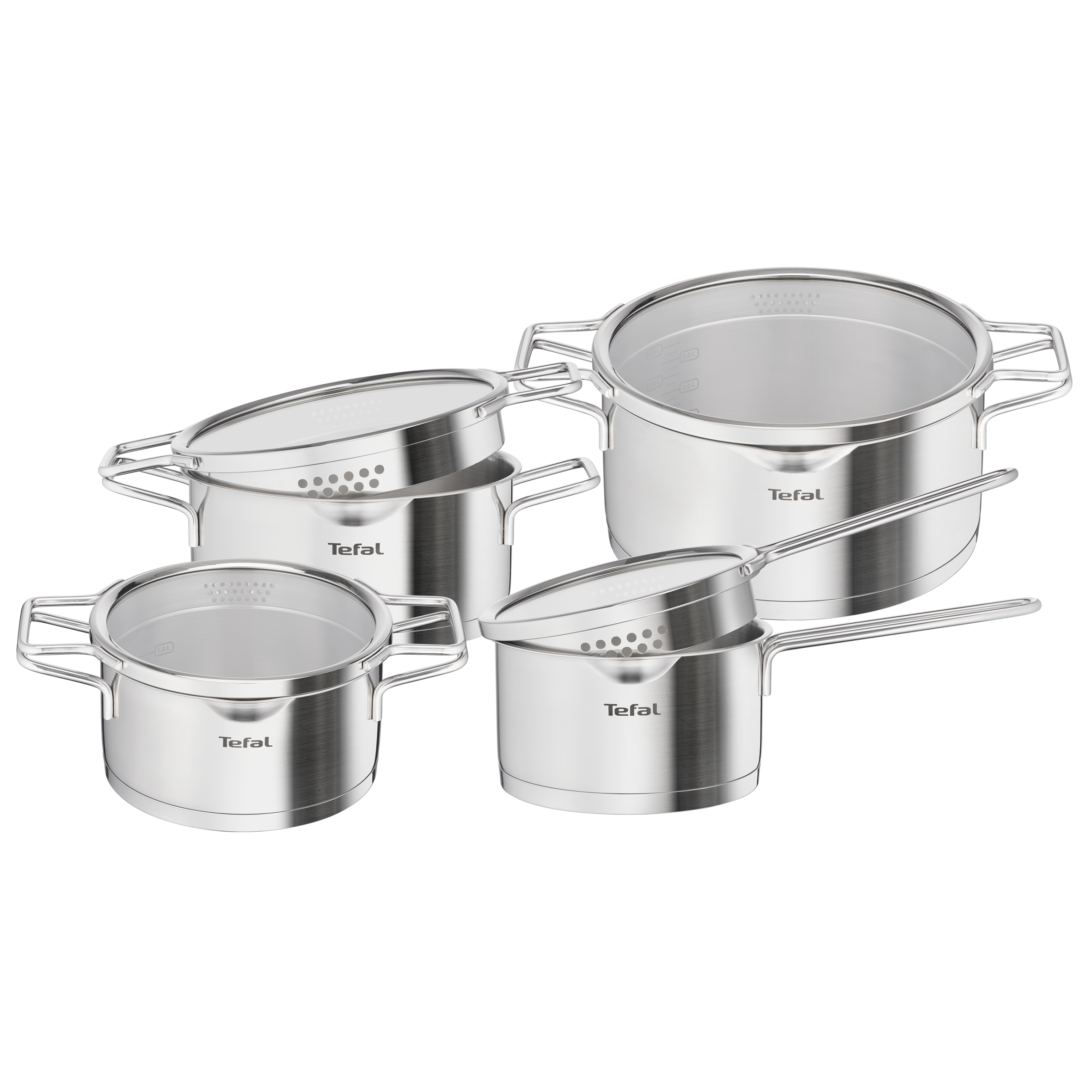 Nordica, Batterie de cuisine 8p, Inox, Induction, Couvercle égouttoir