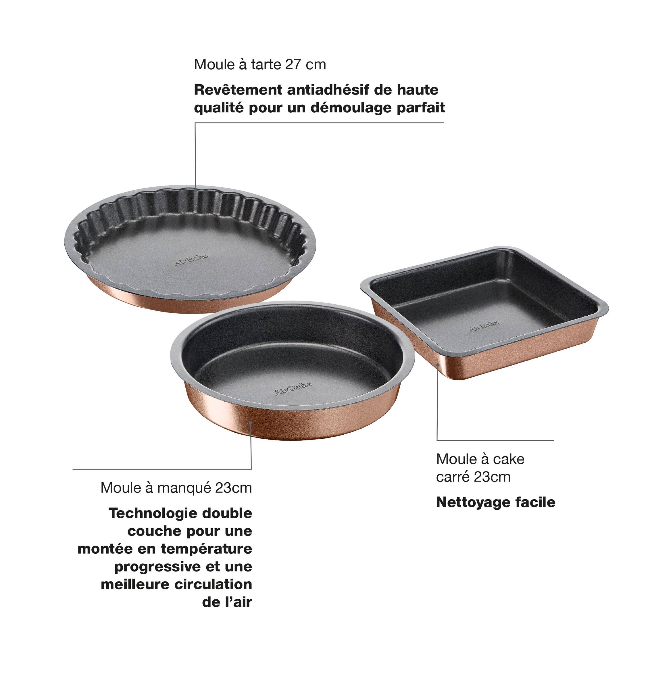 AIRBAKE Moule à manqué 23cm + Moule à cake carré 23cm + Moule à tarte 27 cm