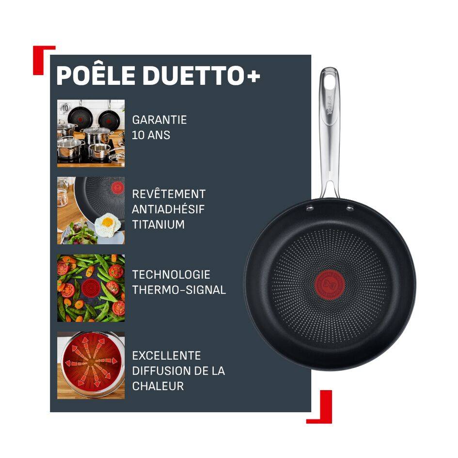 Duetto +, Poêle 24&nbsp;cm, Garantie 10&nbsp;ans, Acier inoxydable, Induction, Thermo-Signal