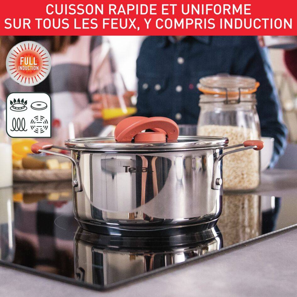 Opti'space Batterie de cuisine 6 p, Faitouts inox 18/20 cm + Couvercles verre 18/20 cm + Poêles antiadhésives 24/28 cm 