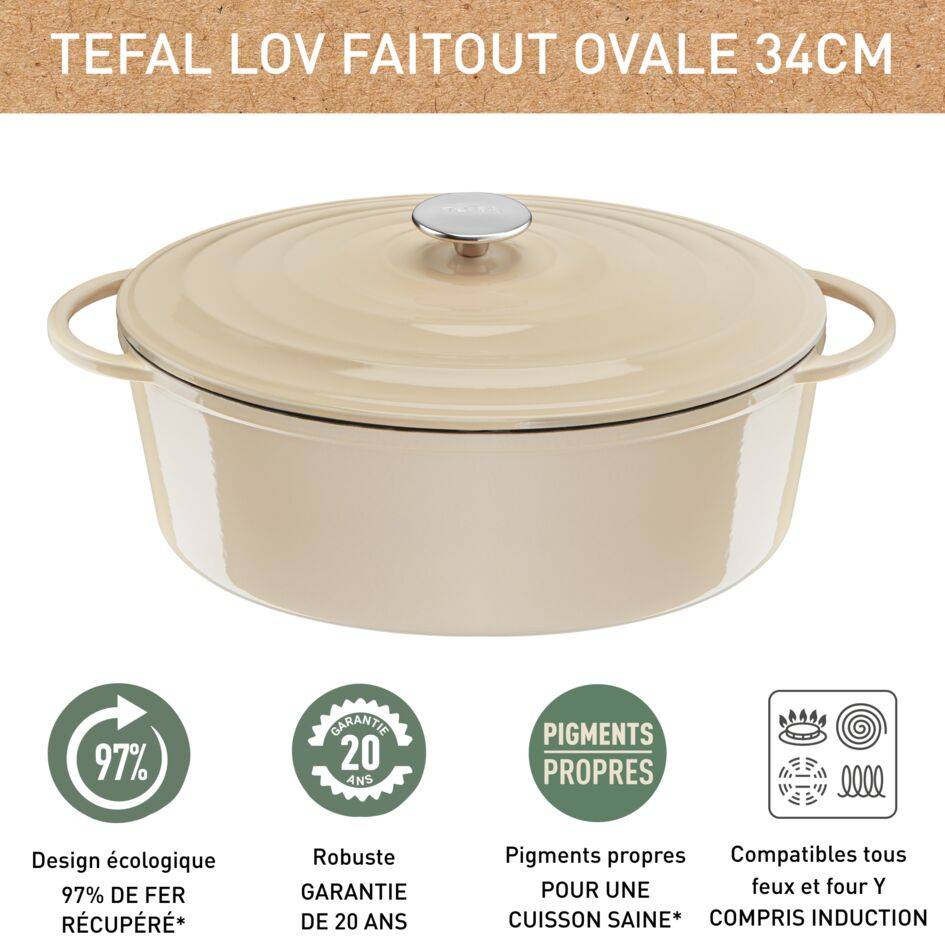LOV, Cocotte en fonte ovale 34x26 cm, Induction, Four, Éco-conçue, Beige