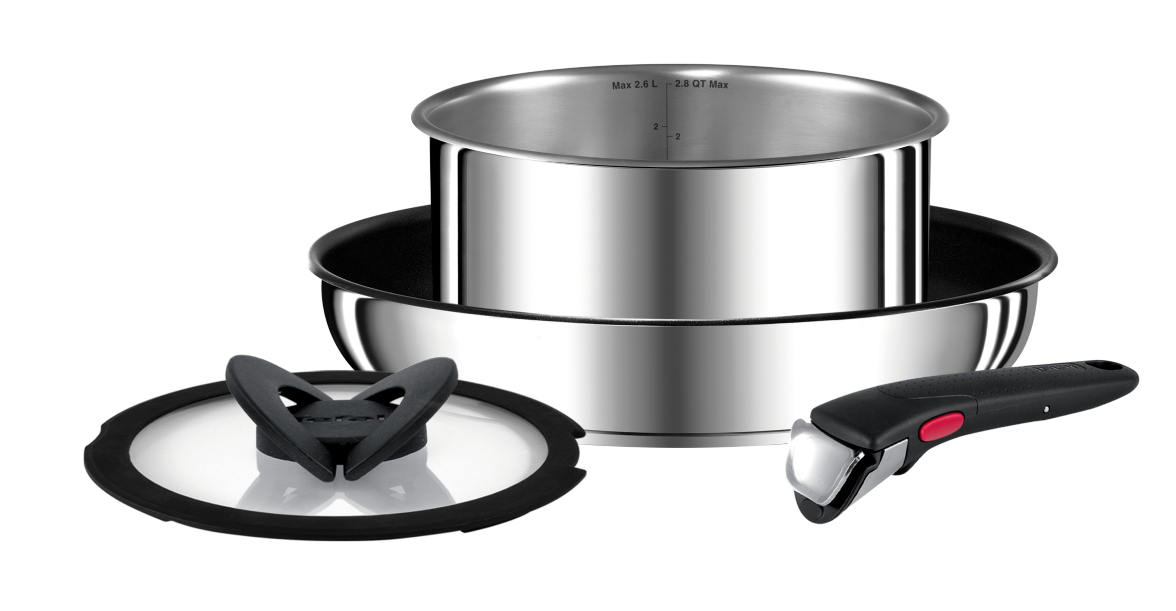 INGENIO PREFERENCE Inox Batterie de cuisine 4 pieces - Poêle 28 cm + casserole 20 cm + 1 couvercle verre + 1 poignée