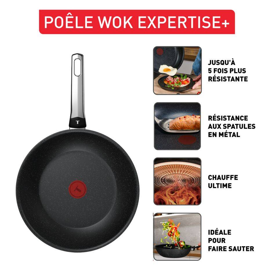 Expertise+, Poêle wok 28 cm, Revêtement antiadhésif haute performance, Induction