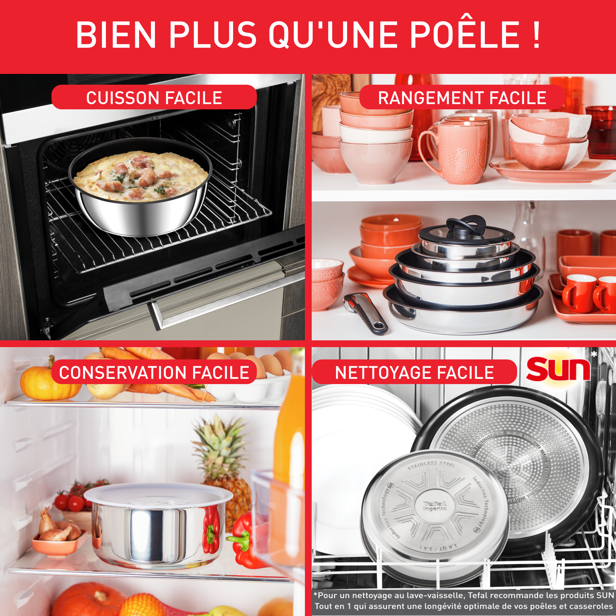 Ingenio Emotion, Inox + antiadhésif, Poêles 22/24/28 cm + poignée, Induction