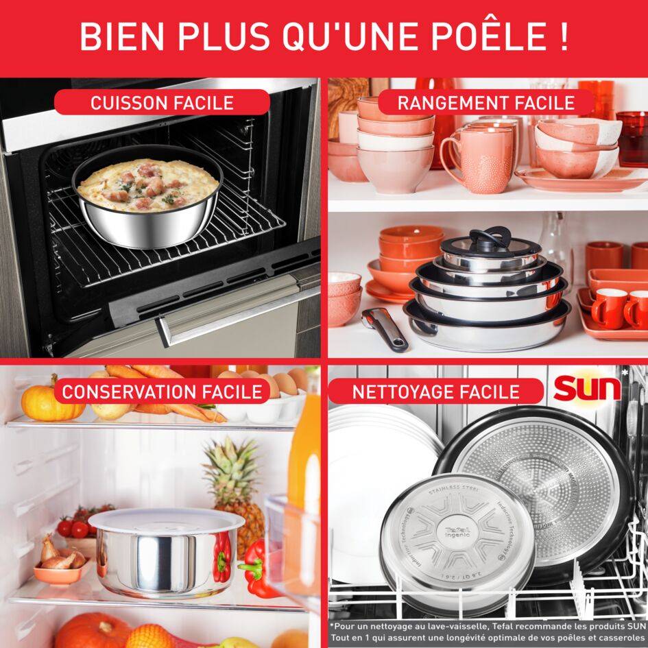Ingenio Emotion, Inox + antiadhésif, Poêles 22/24/28 cm + poignée, Induction