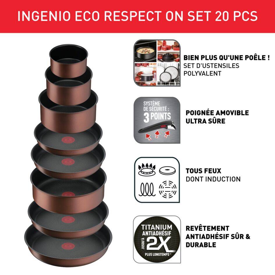 Ingenio Eco Respect, Batterie de cuisine 20pcs, Antiadhésif, Induction