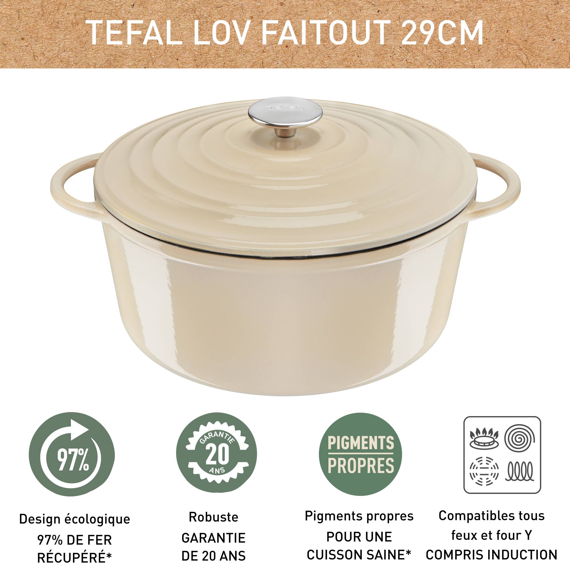 LOV, Cocotte en fonte ronde 29 cm, Induction, Four, Éco-conçue, Beige