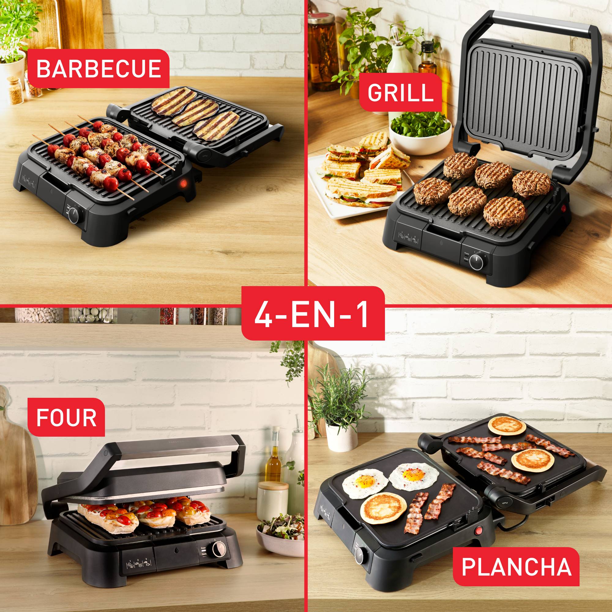 SuperGrill 4-en-1,  Grill multifonctions, 2 plaques grill + 2 plaques plancha, positions Grill,  BBQ, Four, Plancha