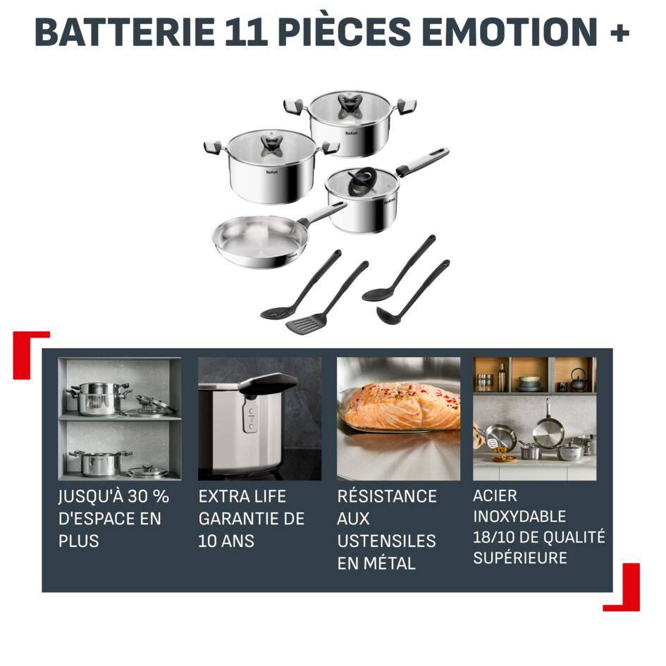 Emotion+, Batterie de cuisine 11 pièces, Acier inoxydable, Garantie de 10 ans, Induction