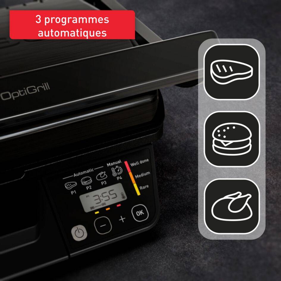 Optigrill, grill intelligent, 6 programmes, mode manuel, 4 personnes