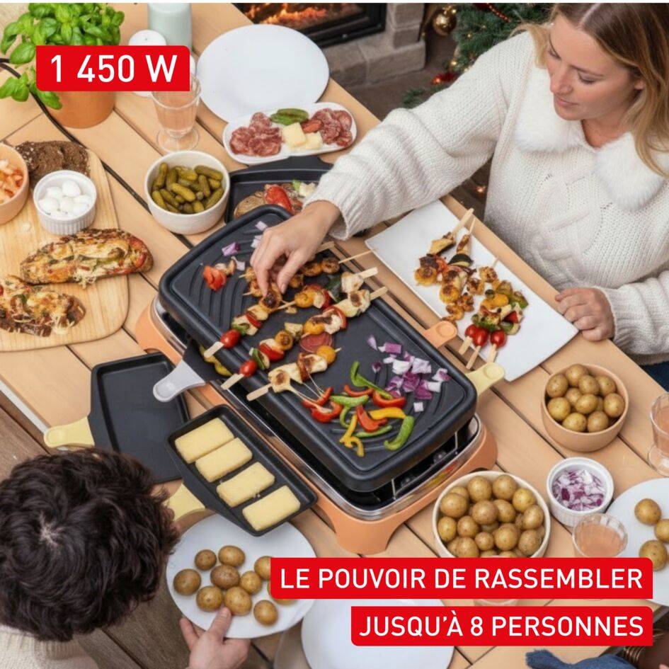 Food & Co, Raclette multifonctions, Antiadhésif, 8 personnes, Poêlons classiques et XL