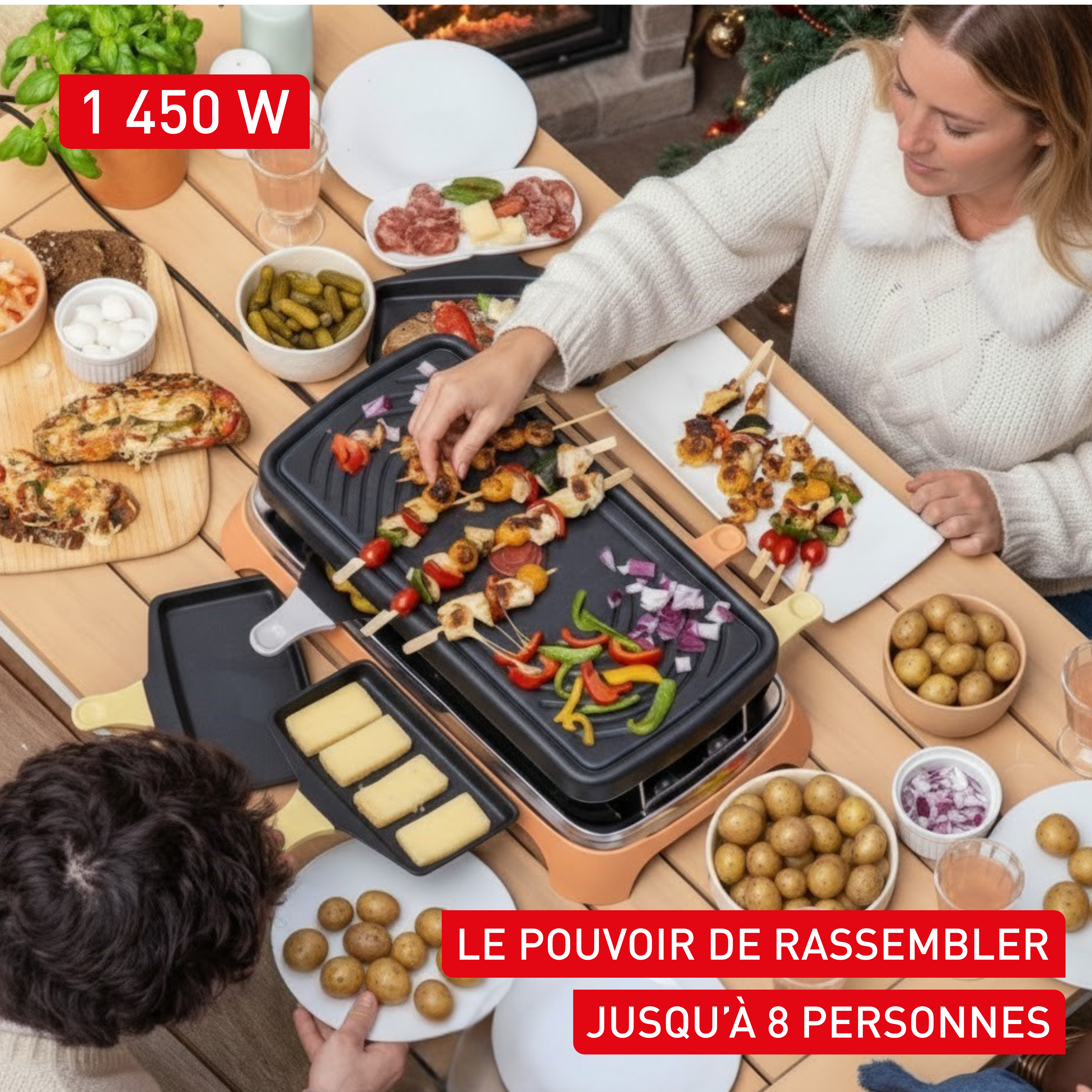Food & Co, Raclette multifonctions, Antiadhésif, 8 personnes, Poêlons classiques et XL