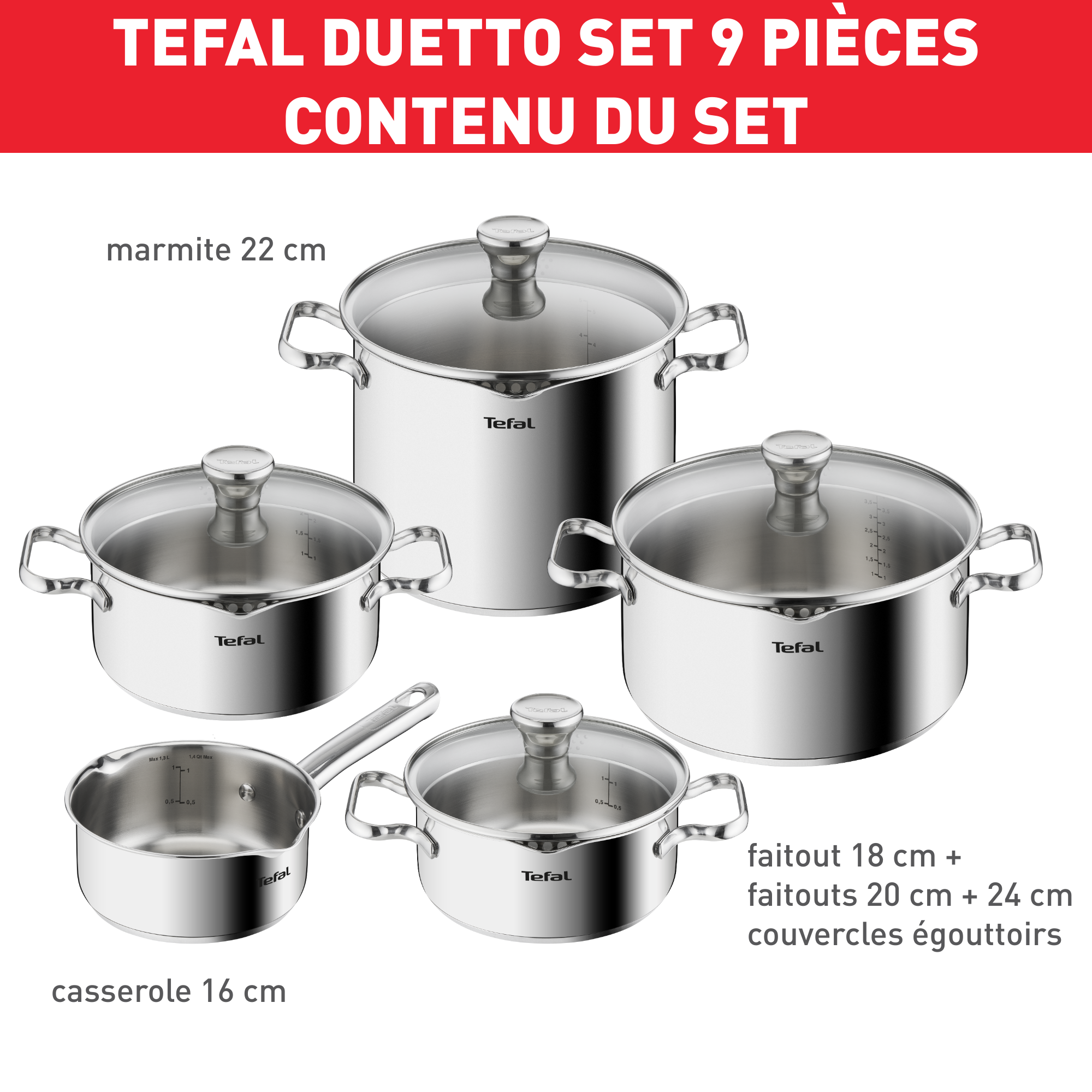 Duetto On, Inox, Batterie de cuisine 9 p, Induction