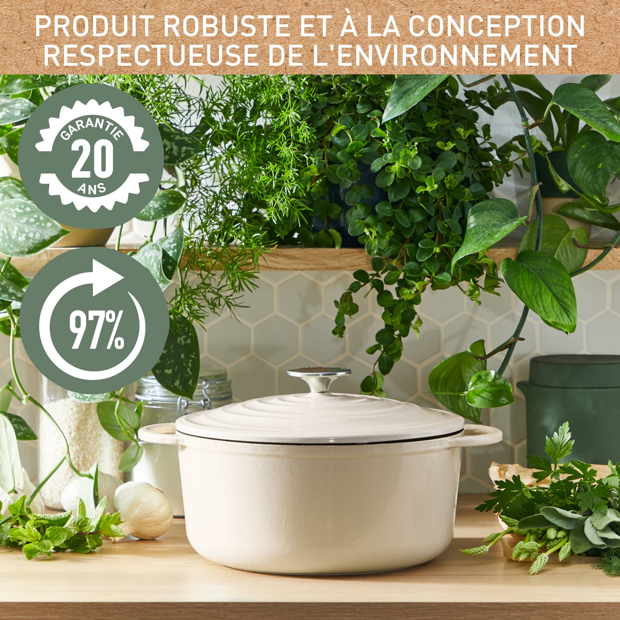 LOV, Cocotte en fonte ronde 25 cm, Induction, Four, Éco-conçue, Beige