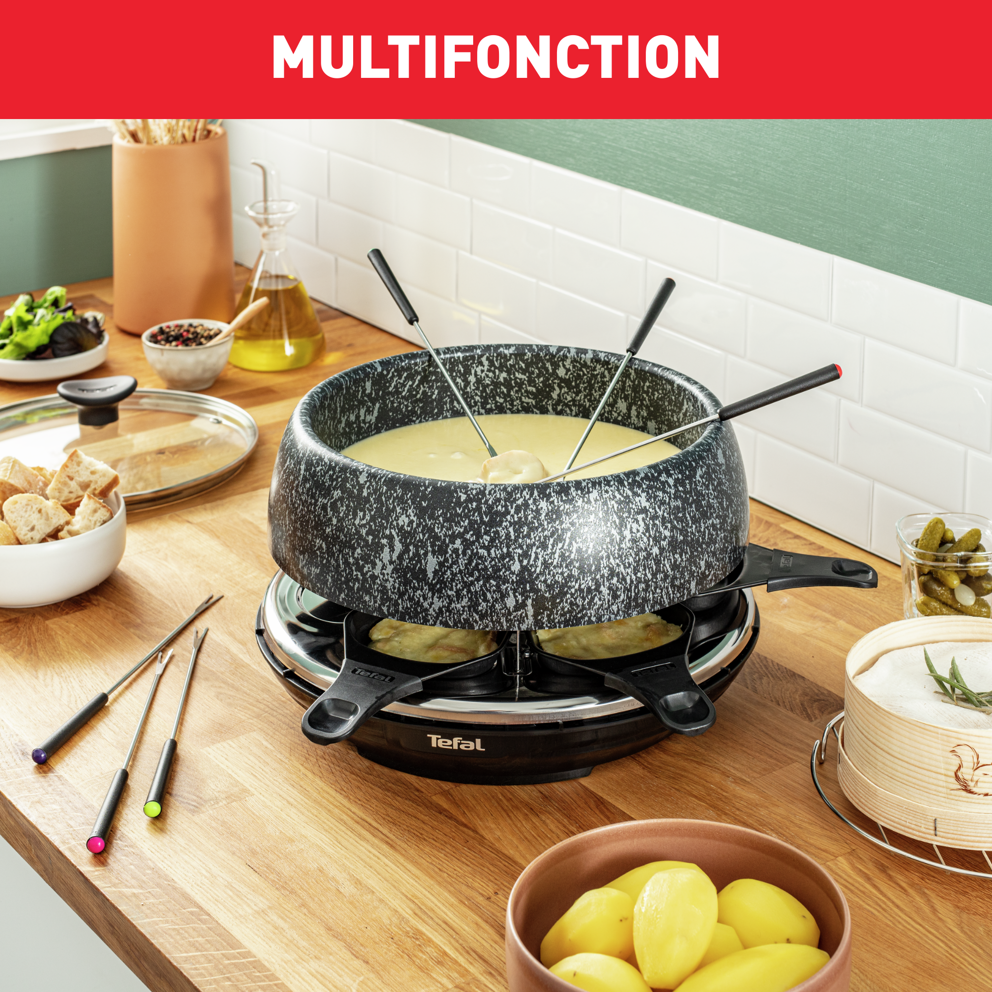 Cheese’n’co, Appareil multifonctions, Raclette, Fondue, Tartiflette, 6 personnes, Livre recettes inclus