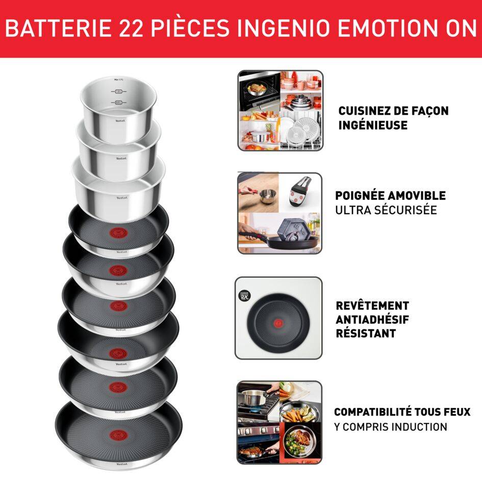 Ingenio Emotion On, Inox + antiadhésif, Batterie de cuisine 22 pièces, Induction